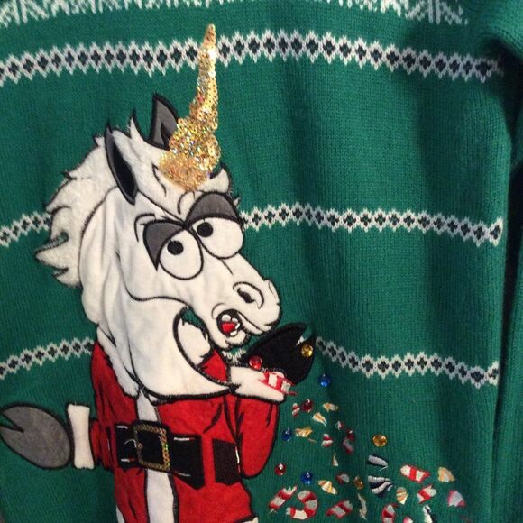 Ugly Christmas Sweater Angry Unicorn Medium M green Jolly stretch - Picture 2 of 5